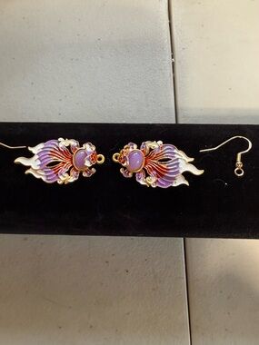 Handcrafted Purple Enamel Fish Drop Earrings - Gold Tone